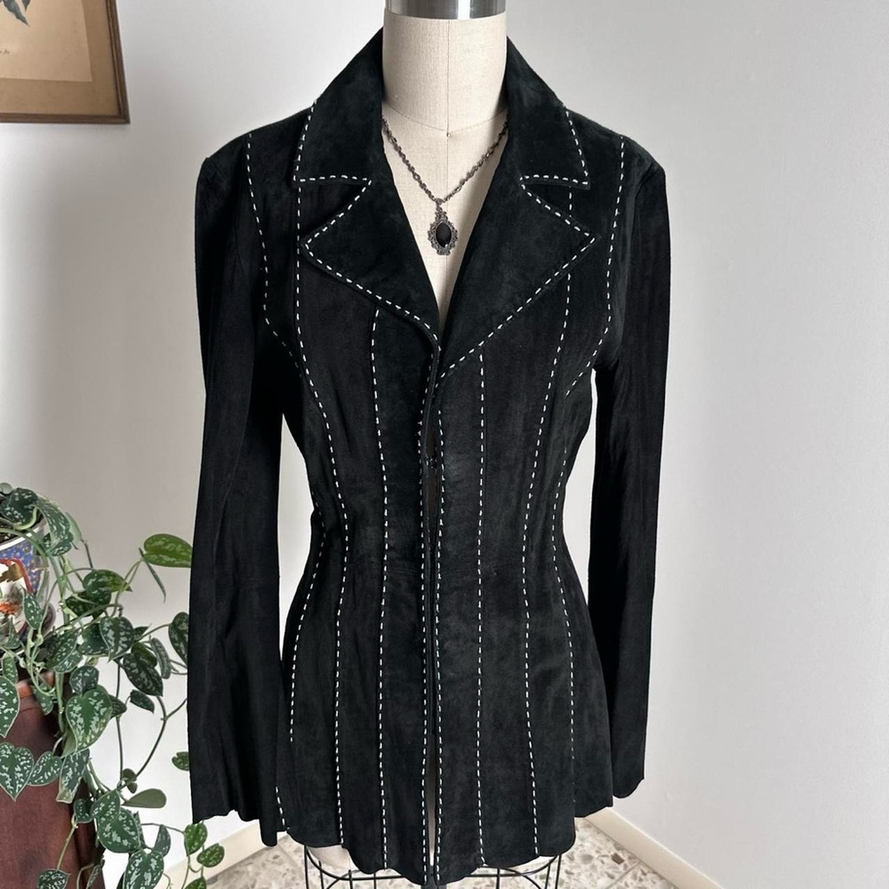 Vintage 90s INC black suede fitted clasp up jacket with white contrast stitching
